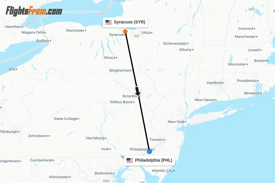 Flights from Syracuse to Philadelphia route map