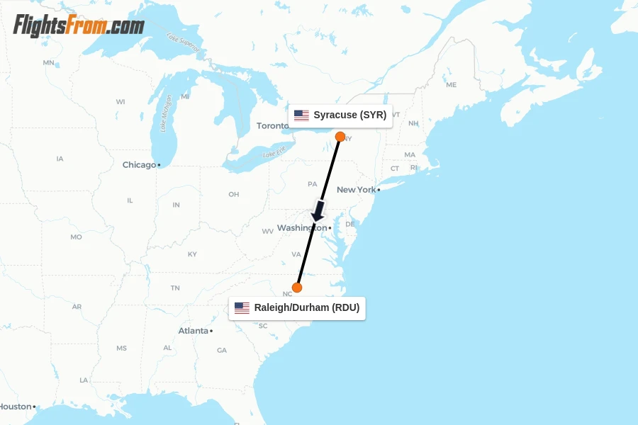 Flights from Syracuse to Raleigh/Durham route map