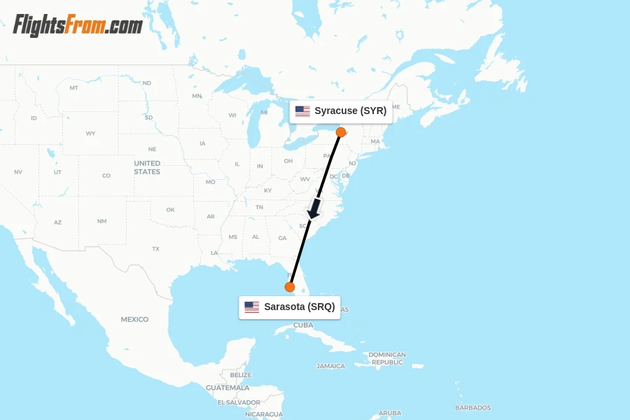 Flights from Syracuse to Sarasota route map