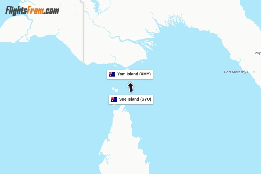 Flights from Sue Island to Yam Island route map