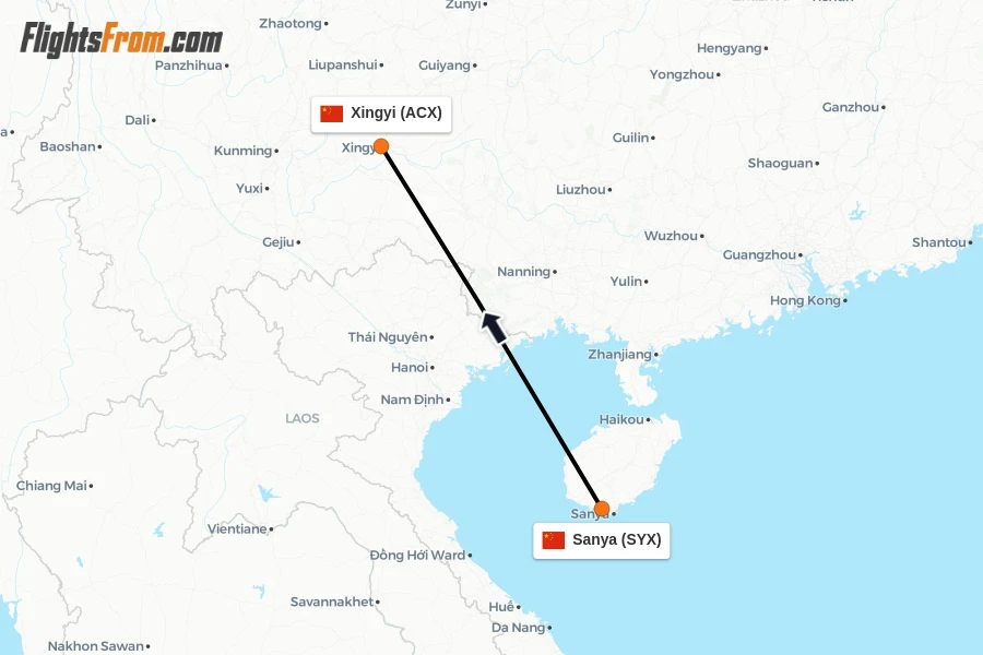Flights from Sanya to Xingyi route map