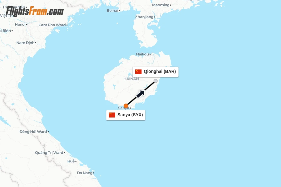 Flights from Sanya to Qionghai route map