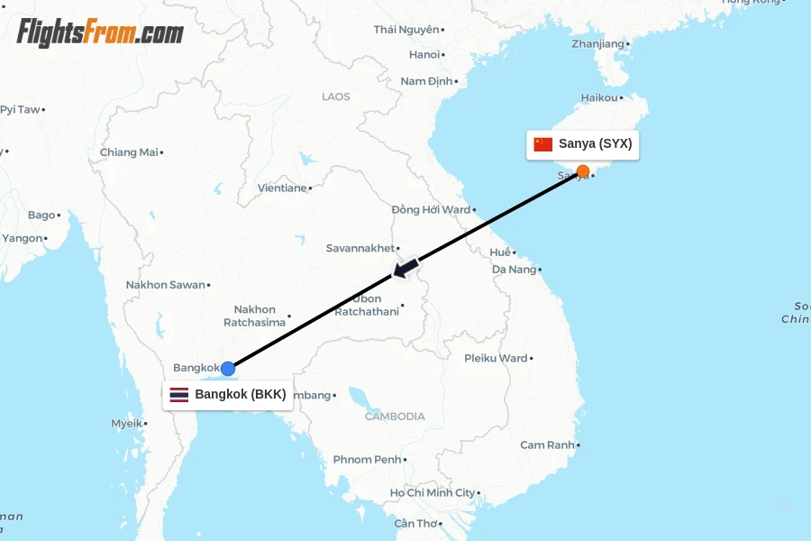 Flights from Sanya to Bangkok route map