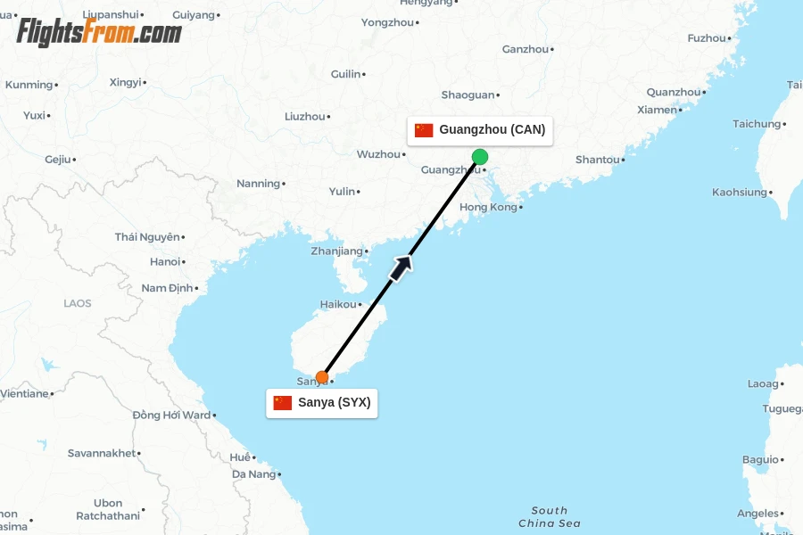 Flights from Sanya to Guangzhou route map