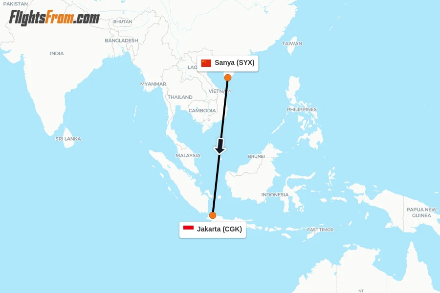Flights from Sanya to Jakarta route map