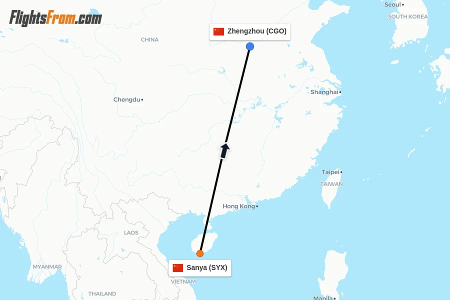 Flights from Sanya to Zhengzhou route map