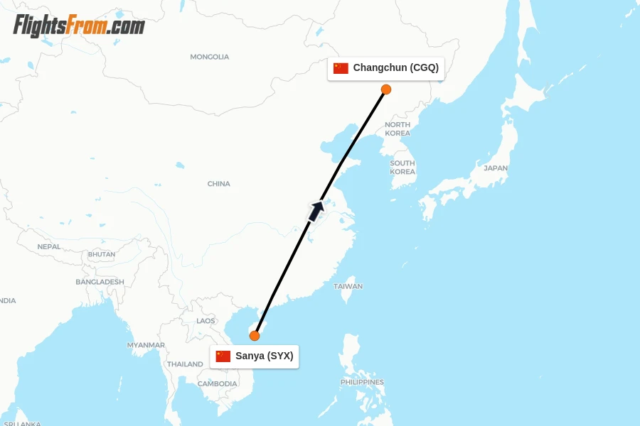 Flights from Sanya to Changchun route map