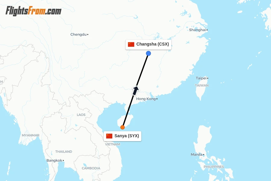 Flights from Sanya to Changsha route map