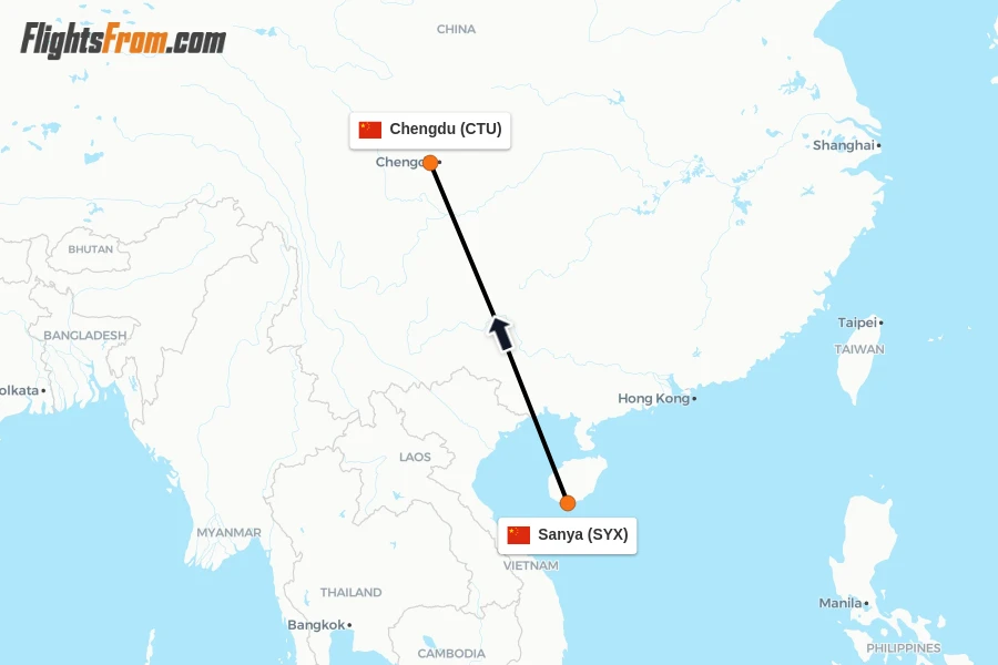 Flights from Sanya to Chengdu route map