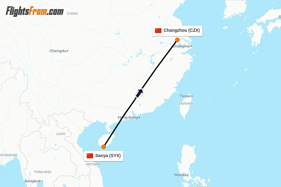 Flights from Sanya to Changzhou route map