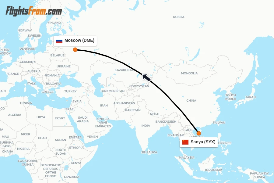 Flights from Sanya to Moscow route map