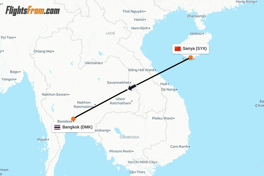 Flights from Sanya to Bangkok route map
