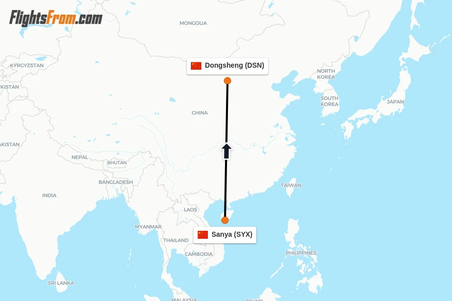 Flights from Sanya to Dongsheng route map