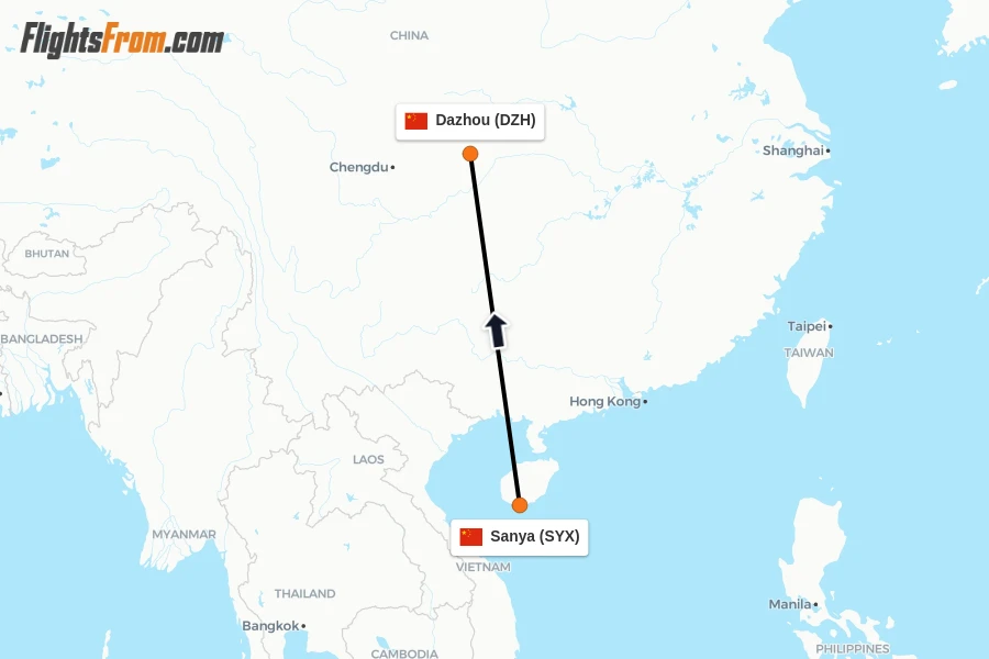 Flights from Sanya to Dazhou route map