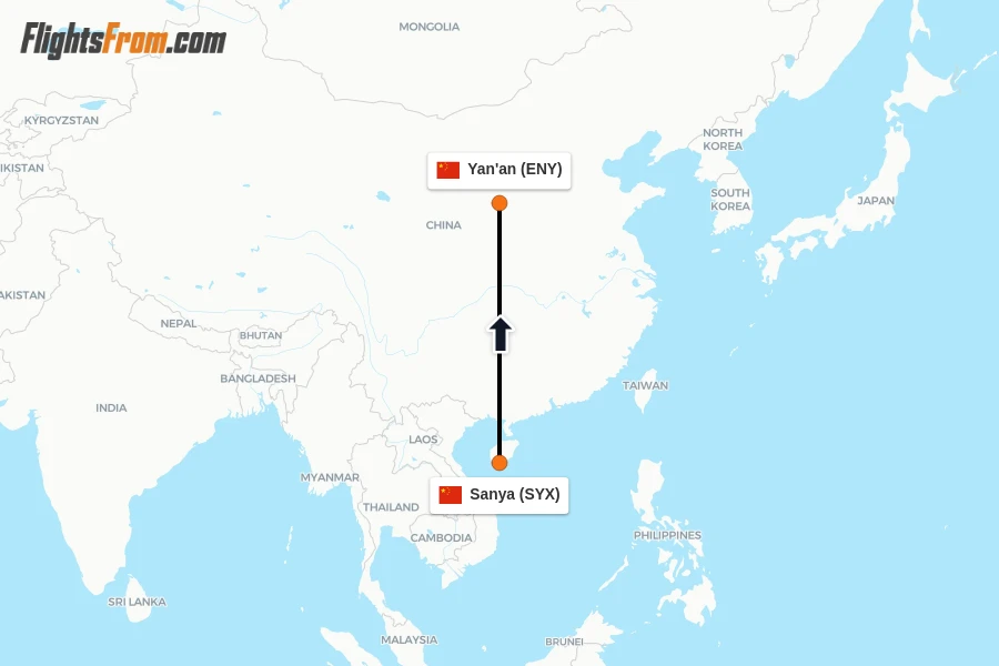 Flights from Sanya to Yan'an route map
