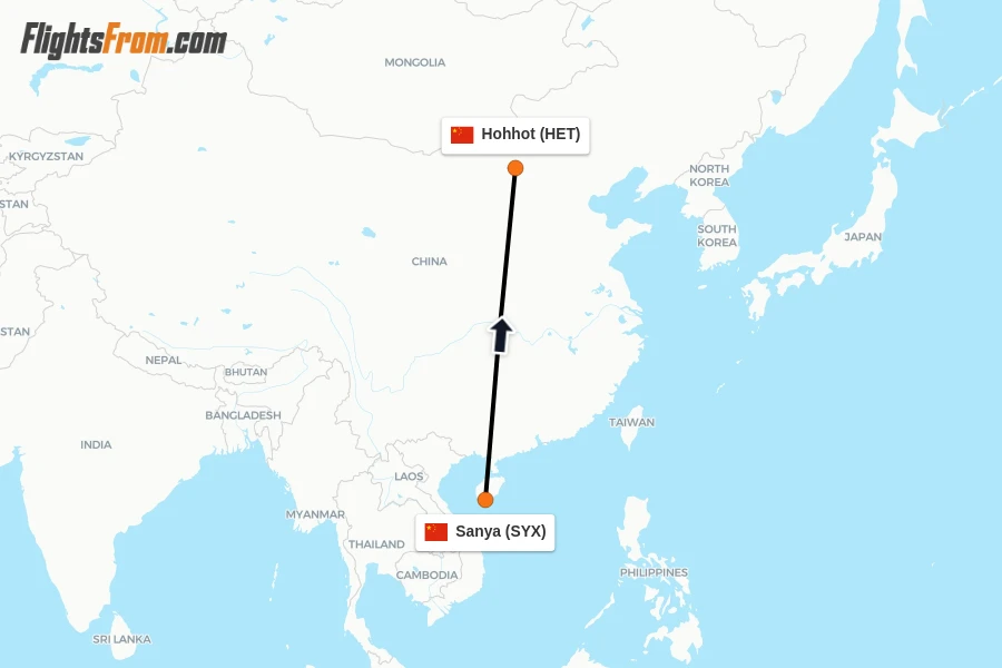 Flights from Sanya to Hohhot route map