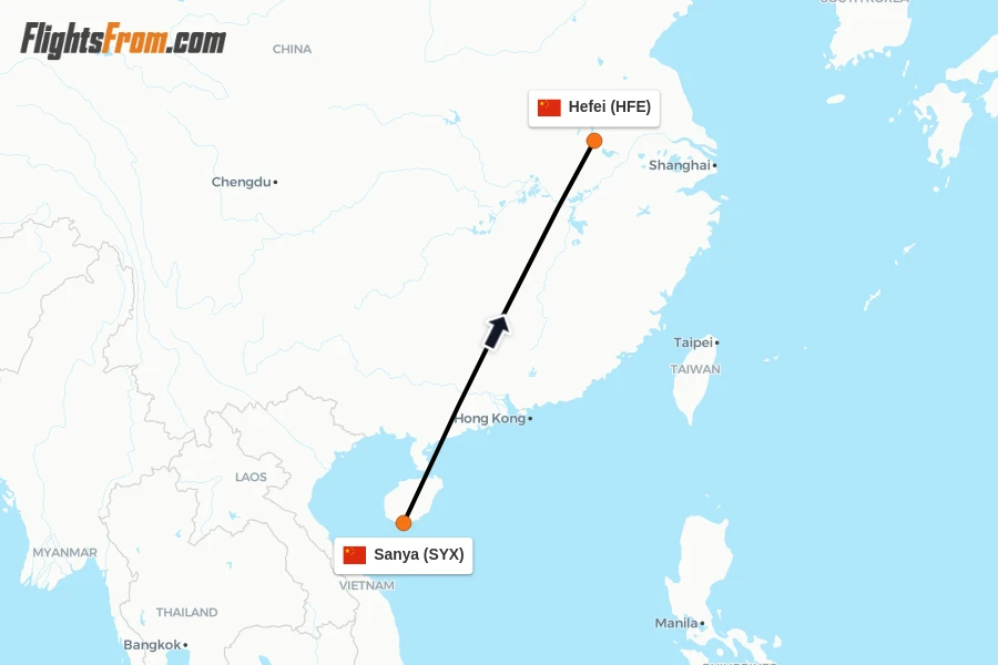 Flights from Sanya to Hefei route map