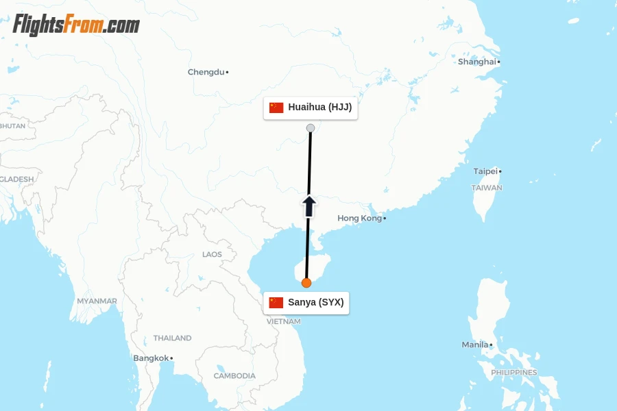 Flights from Sanya to Huaihua route map