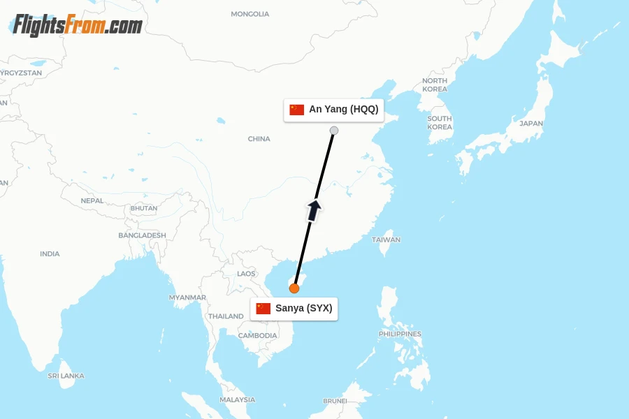 Flights from Sanya to An Yang route map