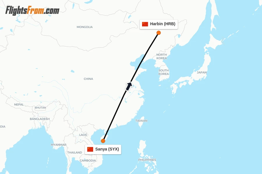 Flights from Sanya to Harbin route map