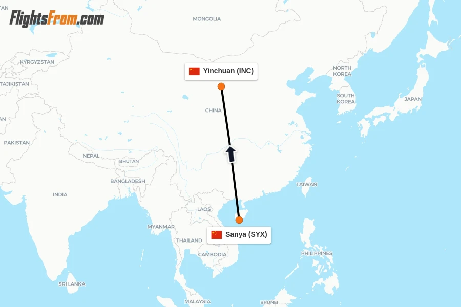 Flights from Sanya to Yinchuan route map