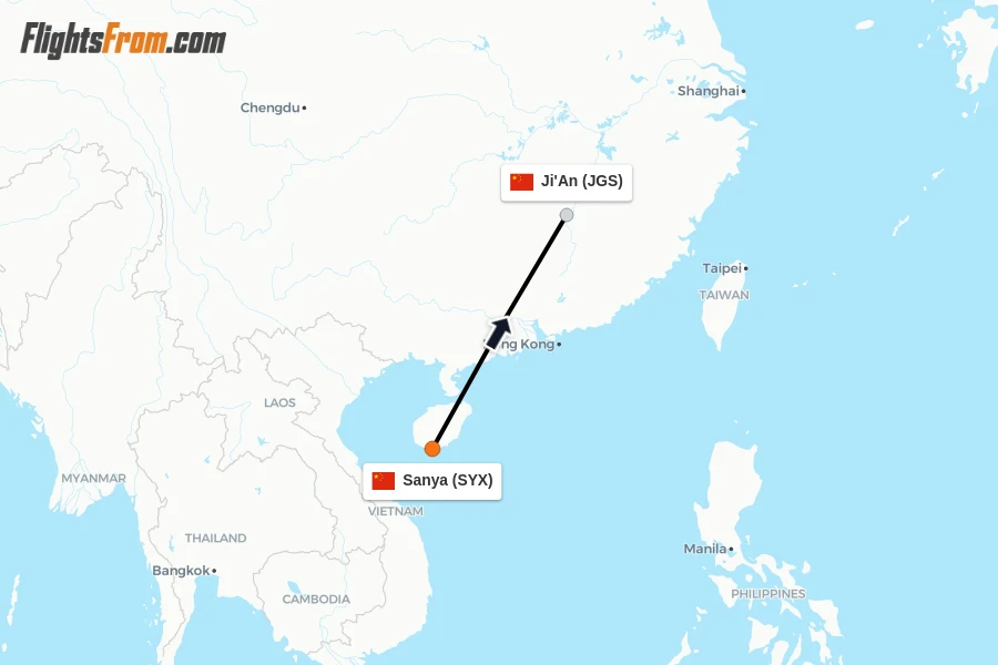 Flights from Sanya to Ji'An route map