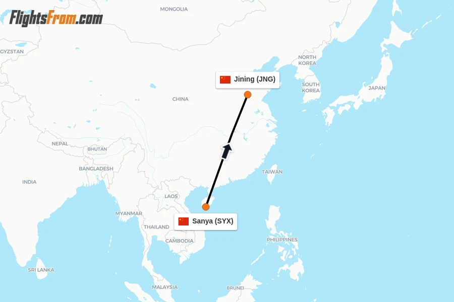 Flights from Sanya to Jining route map