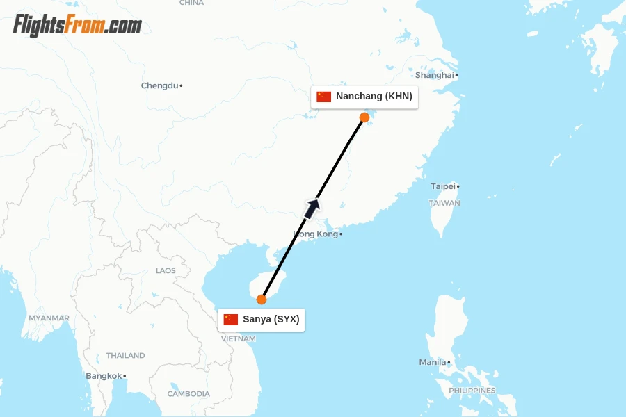 Flights from Sanya to Nanchang route map