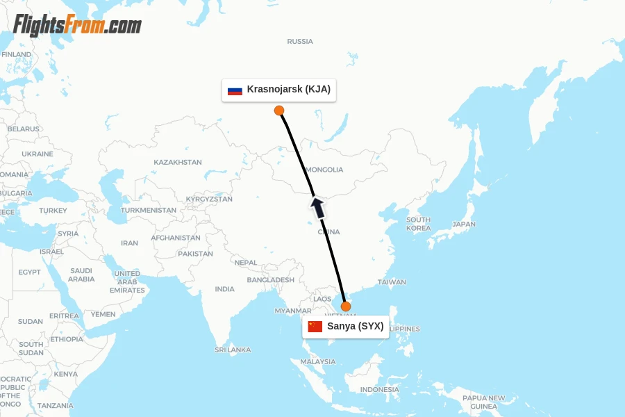 Flights from Sanya to Krasnojarsk route map