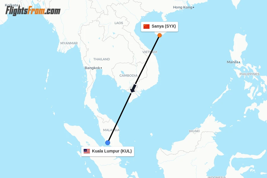 Flights from Sanya to Kuala Lumpur route map