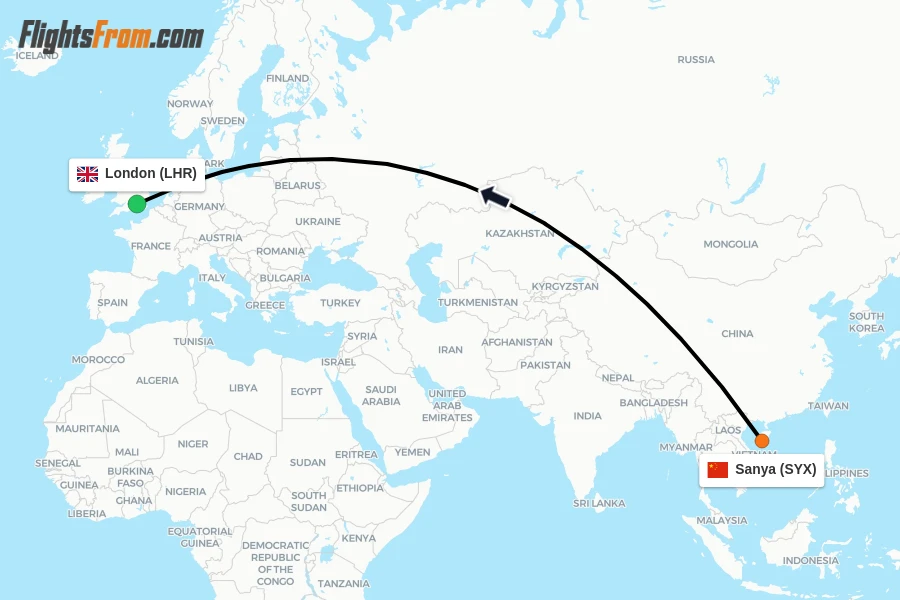 Flights from Sanya to London route map