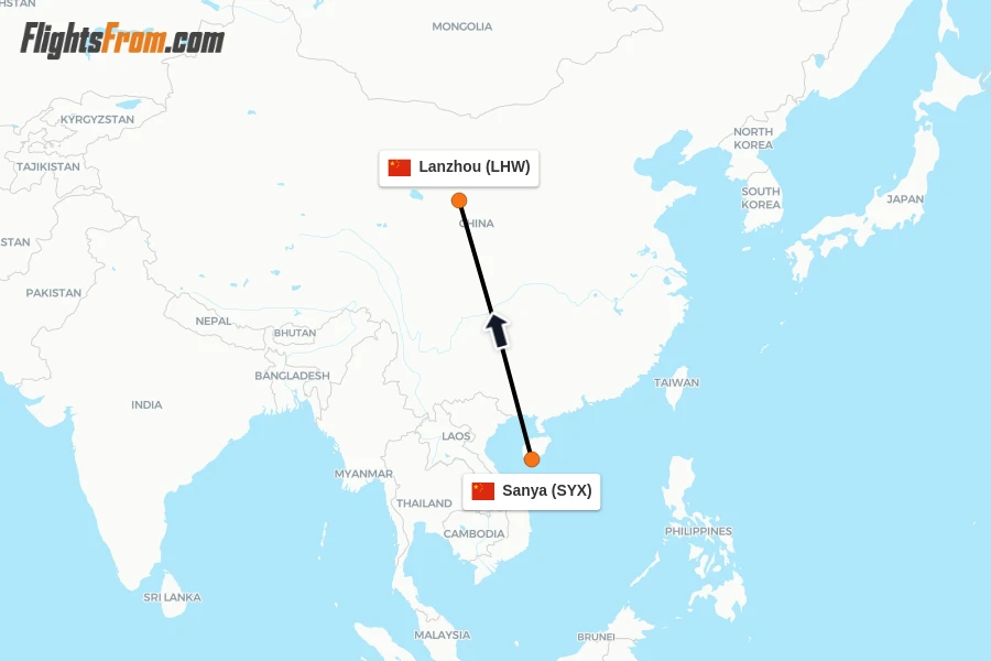 Flights from Sanya to Lanzhou route map