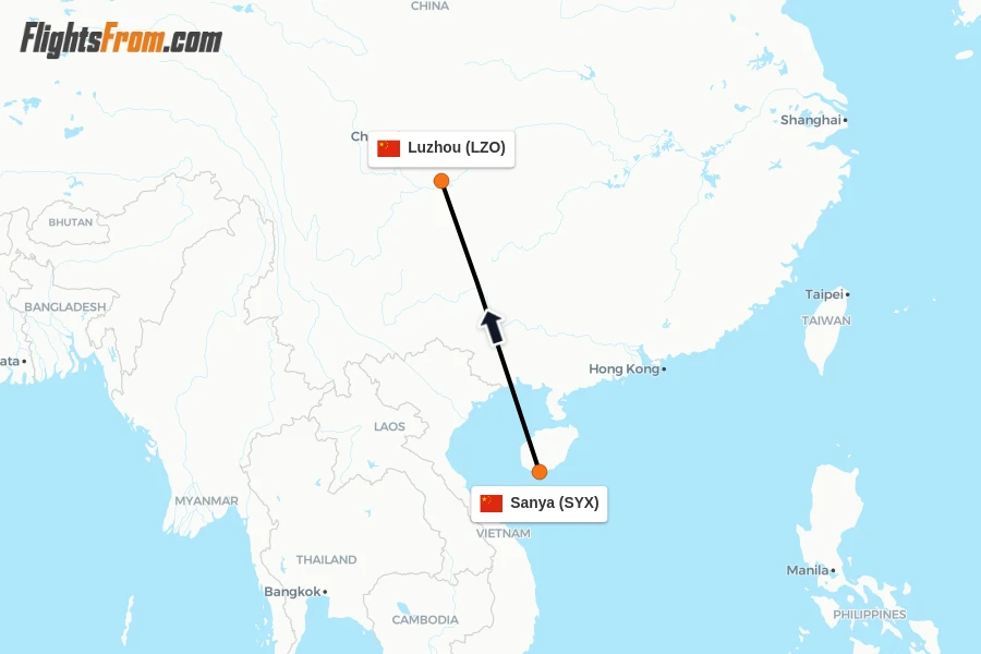 Flights from Sanya to Luzhou route map