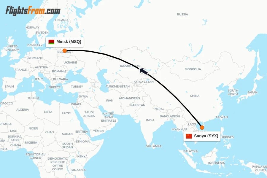 Flights from Sanya to Minsk route map