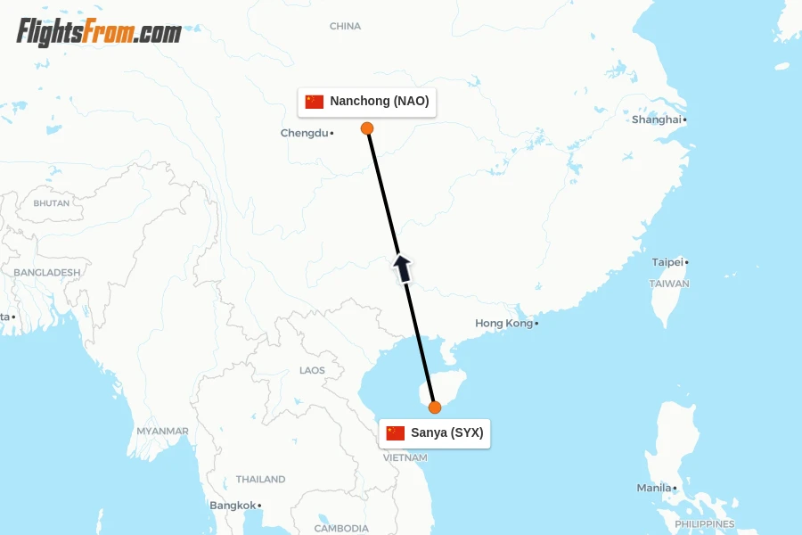 Flights from Sanya to Nanchong route map