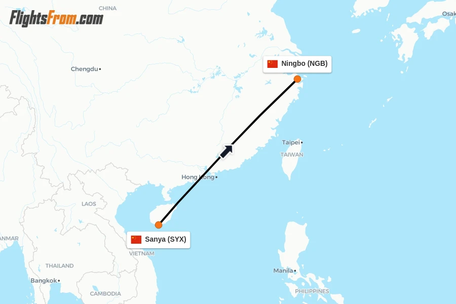 Flights from Sanya to Ningbo route map