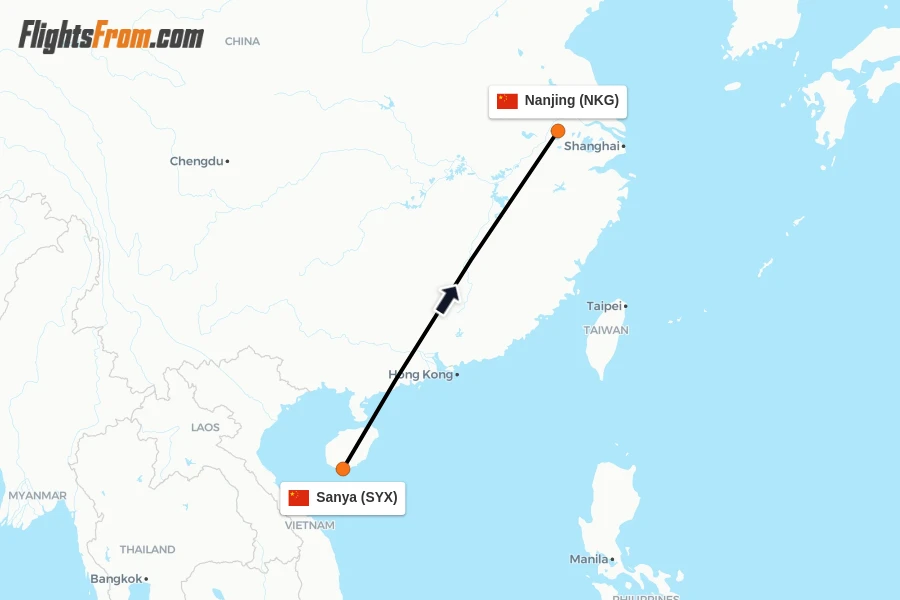 Flights from Sanya to Nanjing route map