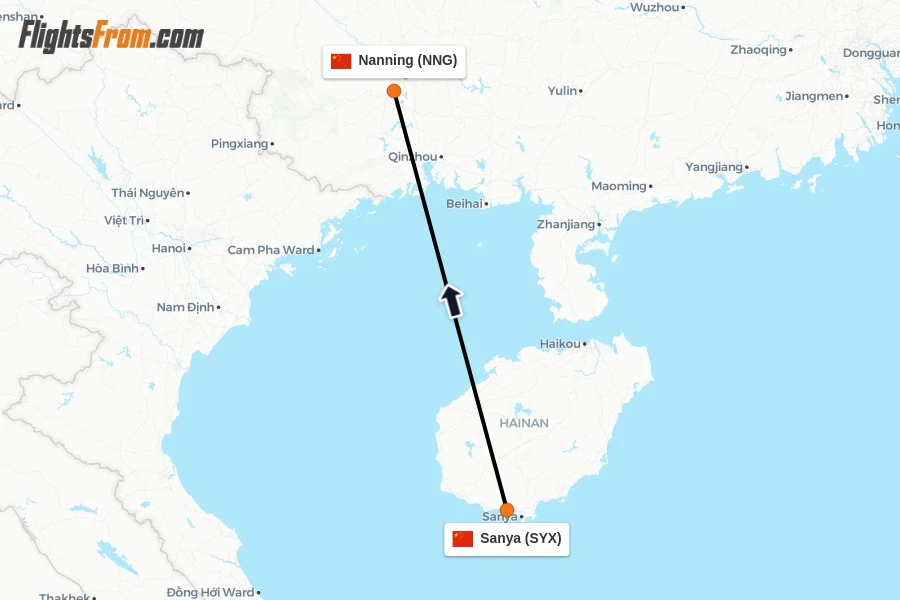 Flights from Sanya to Nanning route map