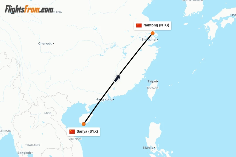 Flights from Sanya to Nantong route map