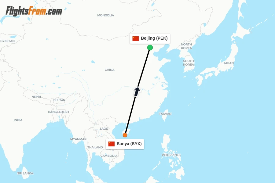 Flights from Sanya to Beijing route map