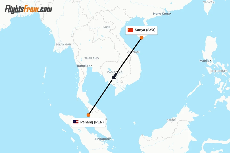 Flights from Sanya to Penang route map