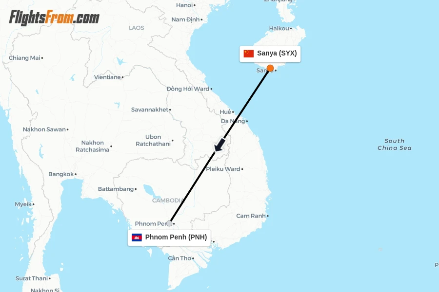 Flights from Sanya to Phnom Penh route map