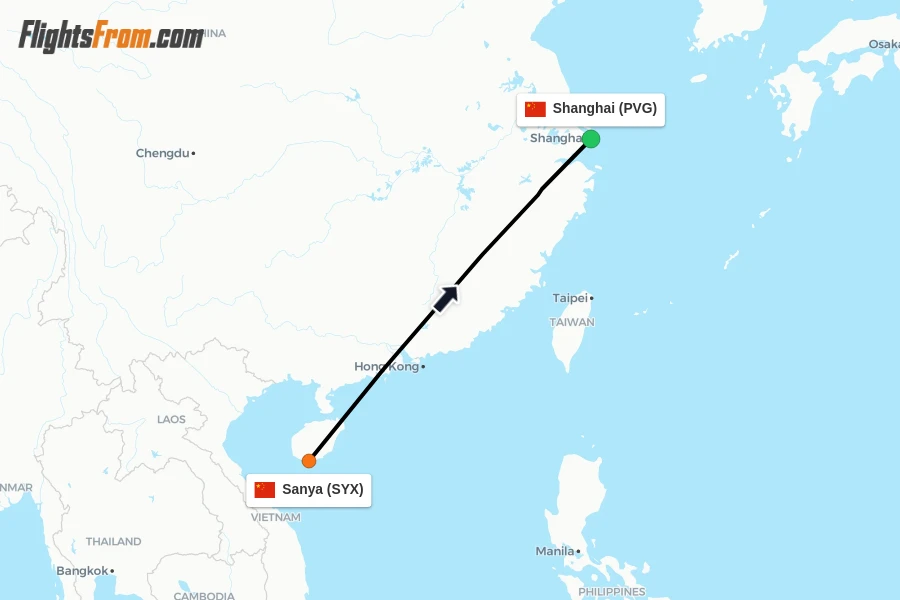 Flights from Sanya to Shanghai route map