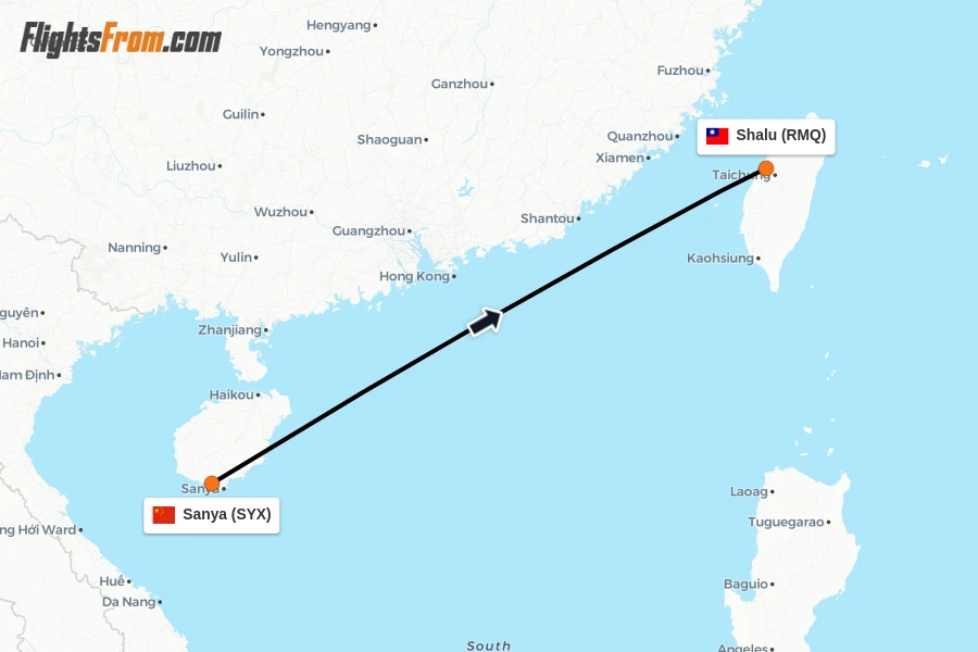 Flights from Sanya to Shalu route map