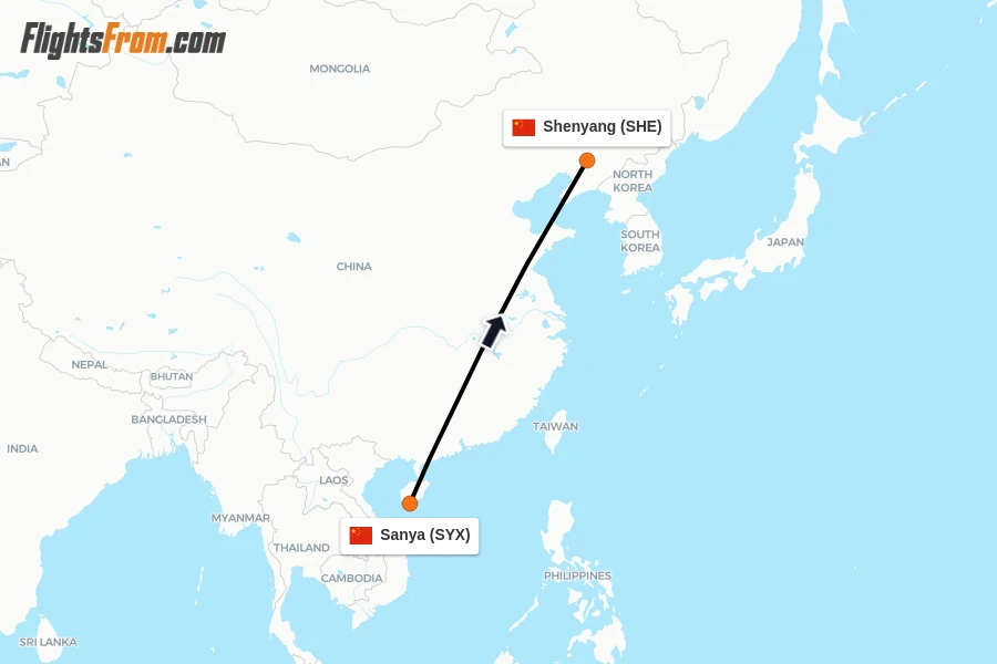 Flights from Sanya to Shenyang route map