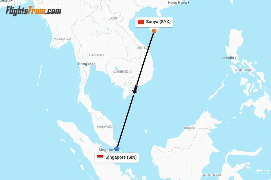 Flights from Sanya to Singapore route map