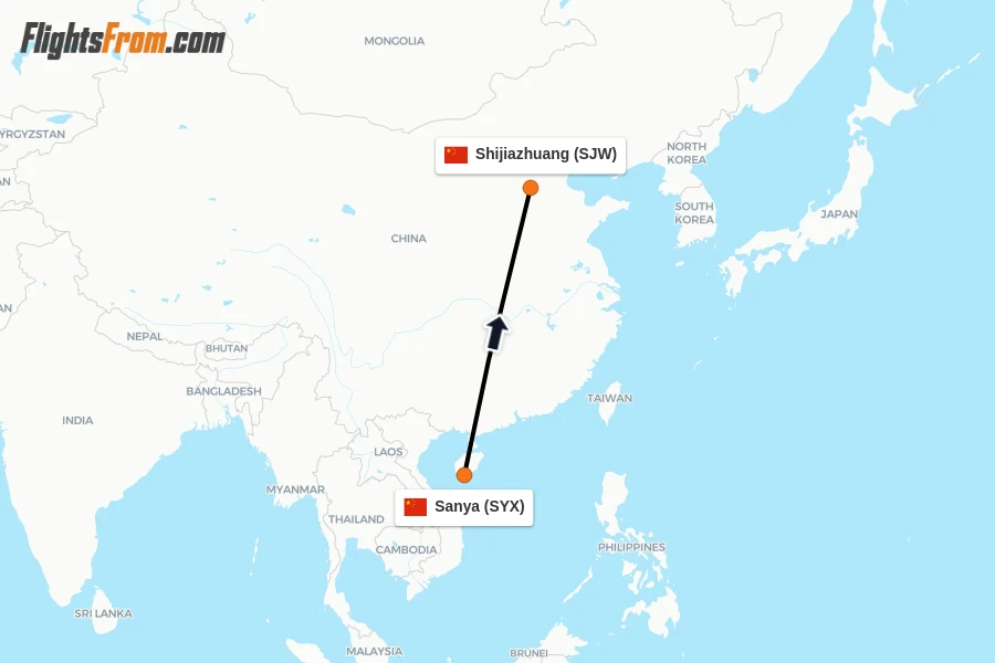 Flights from Sanya to Shijiazhuang route map