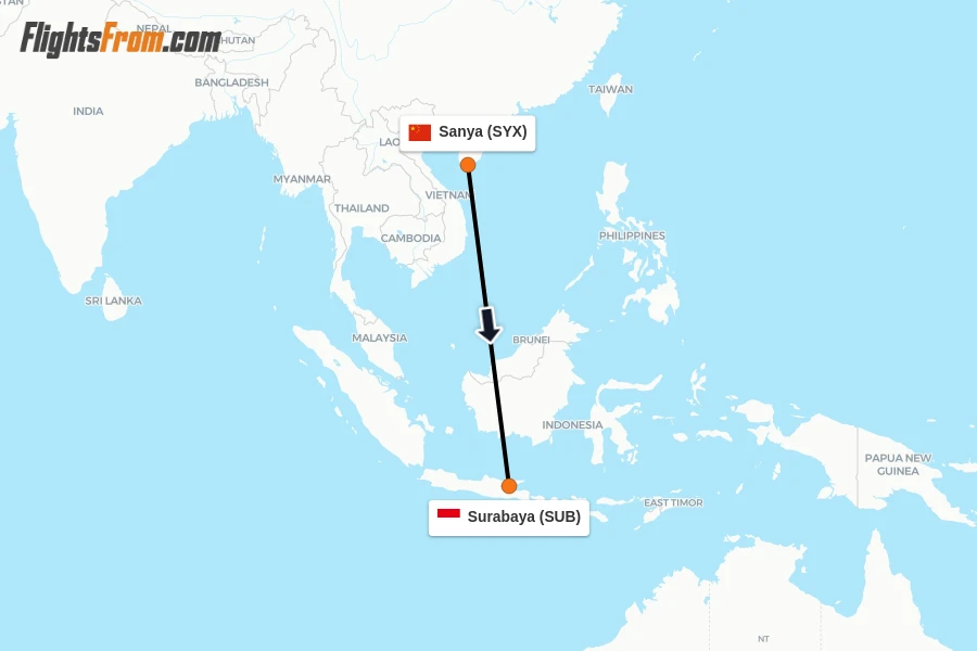 Flights from Sanya to Surabaya route map
