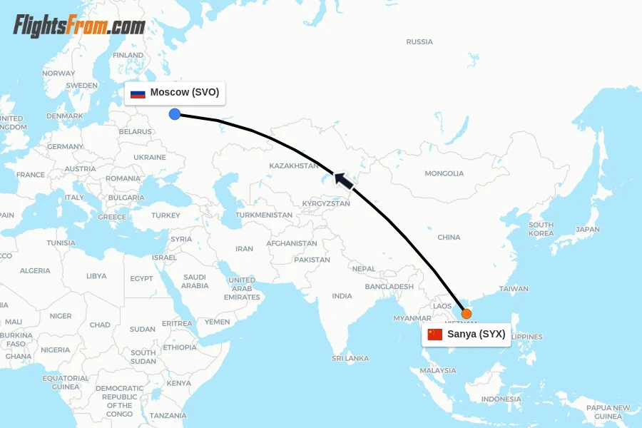 Flights from Sanya to Moscow route map