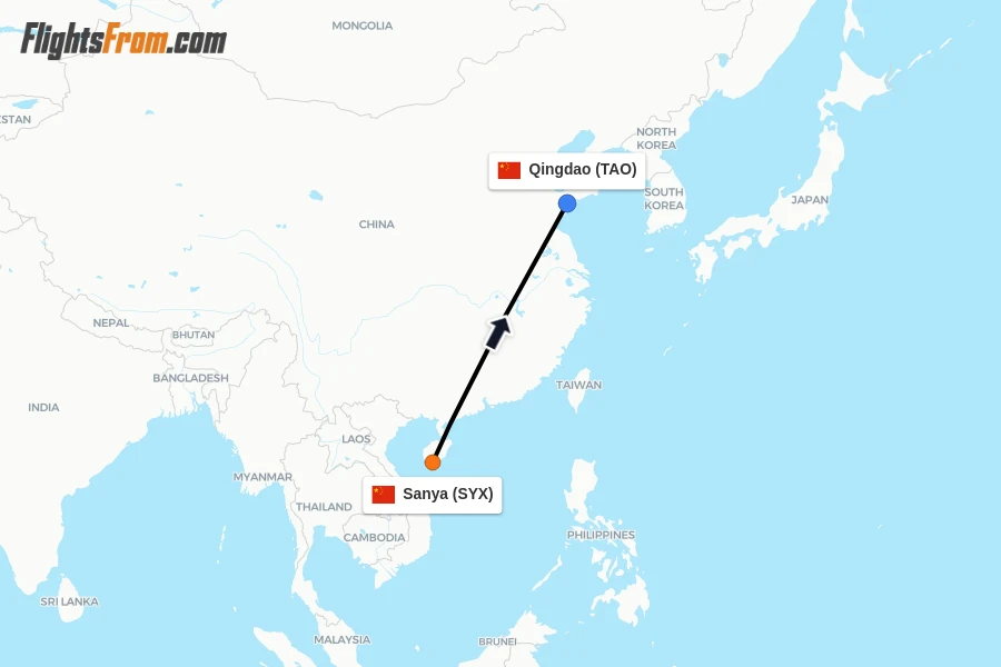 Flights from Sanya to Qingdao route map